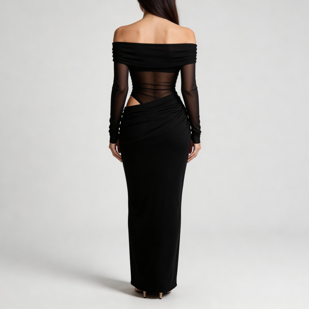 Tanzanix | Maxiklänning med off shoulder, mesh och långa ärmar