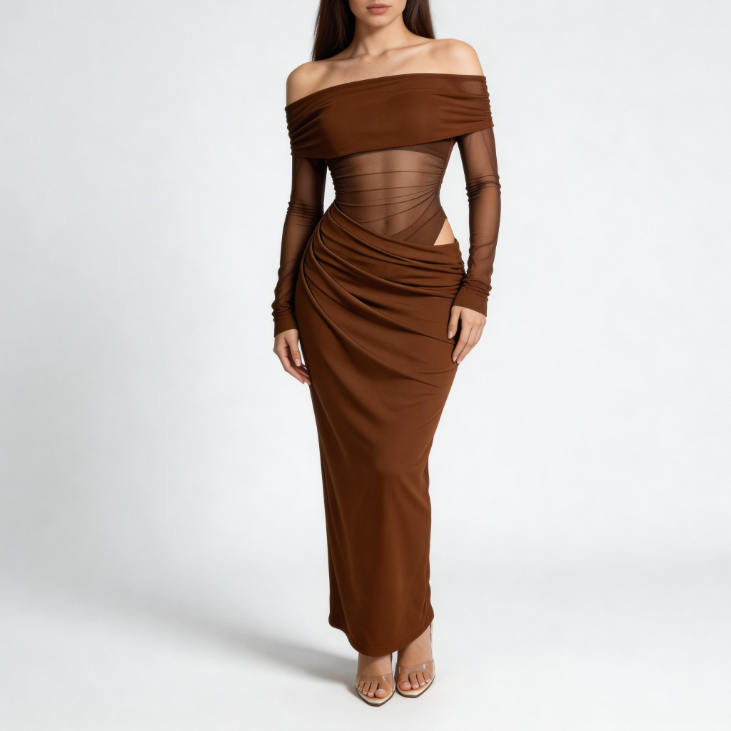 Tanzanix | Maxiklänning med off shoulder, mesh och långa ärmar