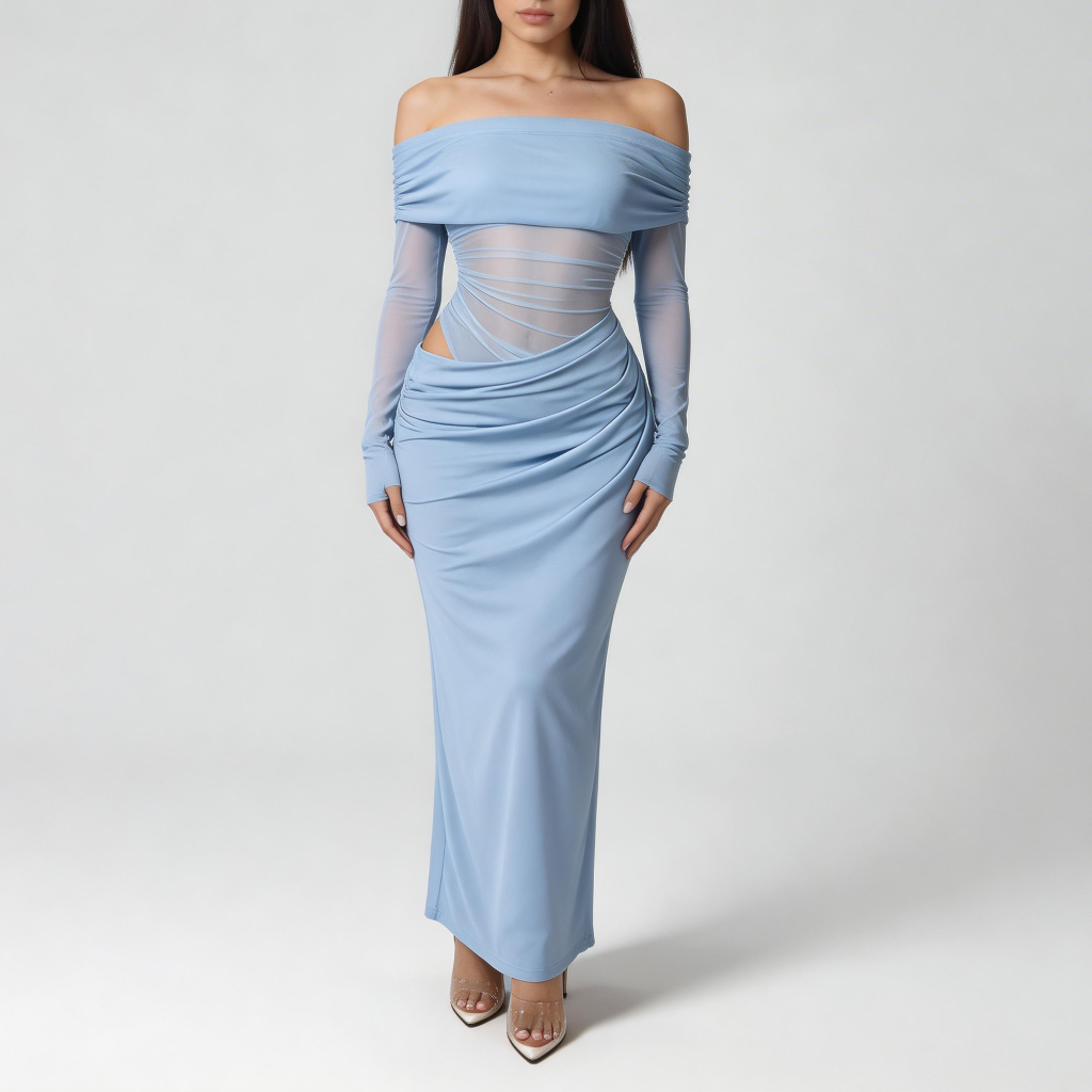 Tanzanix | Maxiklänning med off shoulder, mesh och långa ärmar