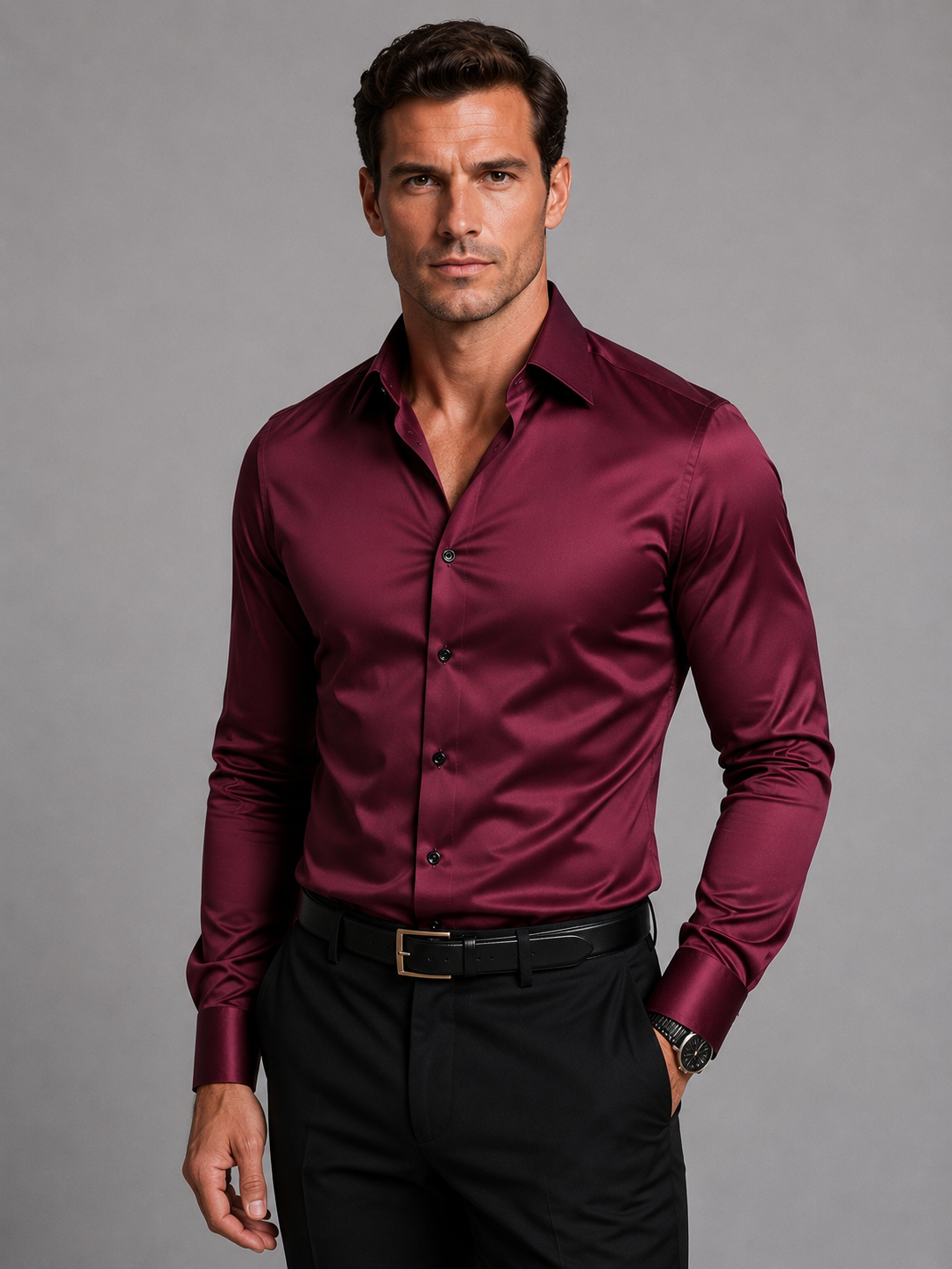 Christer | Skjorta herr i satin med slim fit - Vinröd