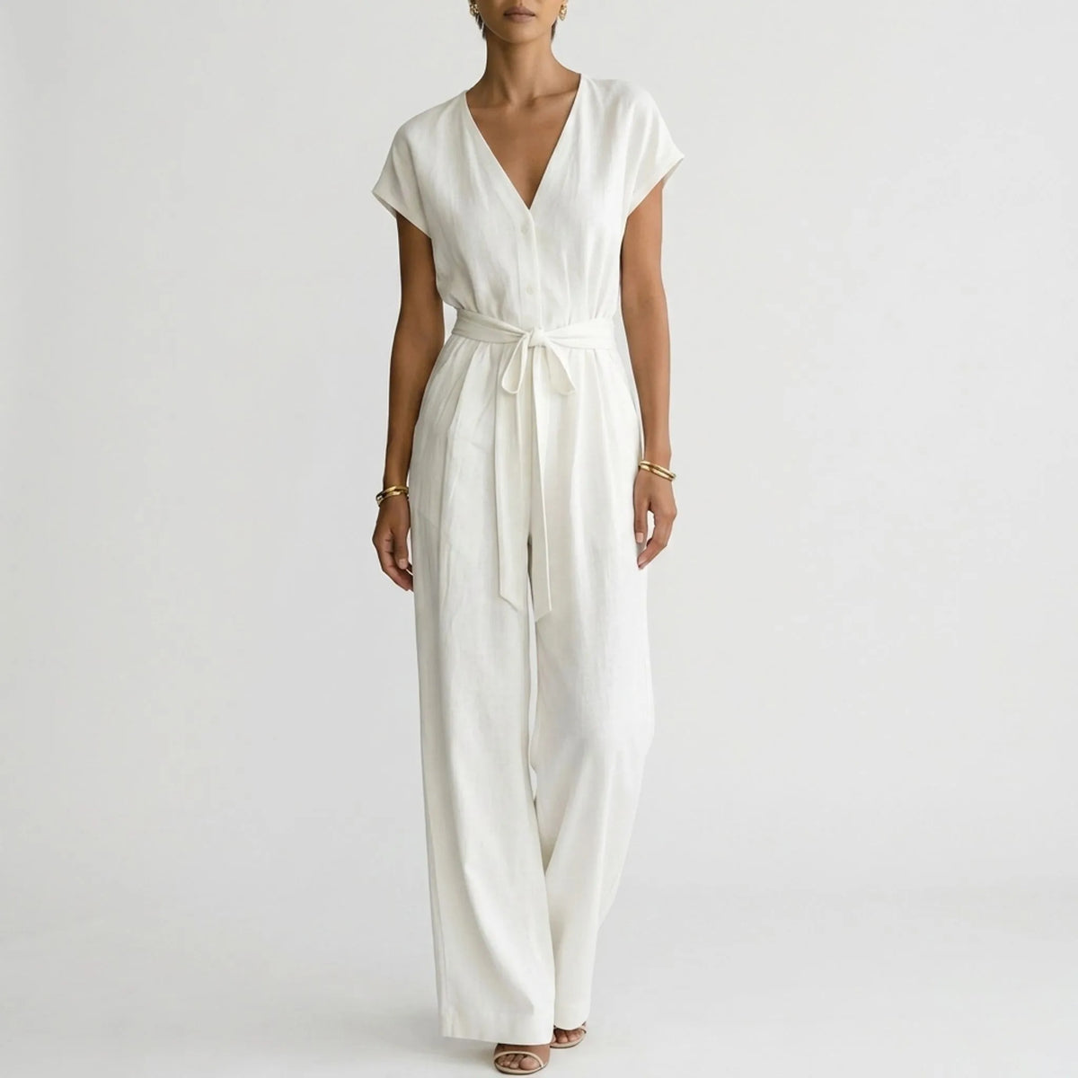 Elsa | Byxdress dam med v-ringning och vida ben - Vit