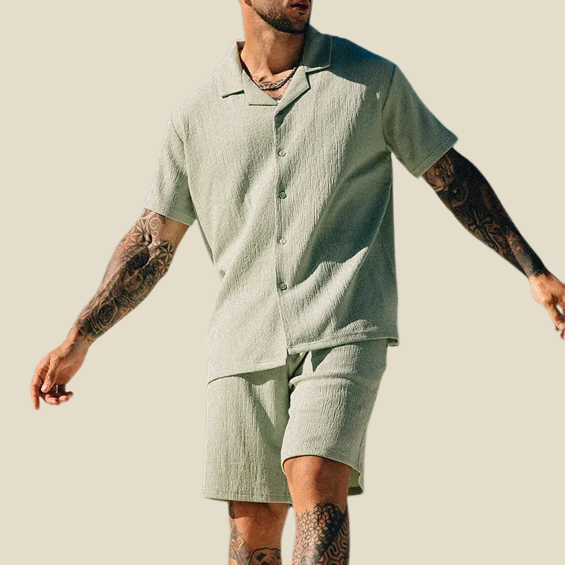 Kai | Set herr med skjorta med kubakrage och shorts - Grön
