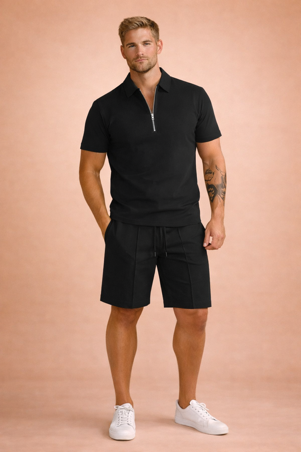 Logan | Set herr med pikétröja med dragkedja och shorts - bild 4
