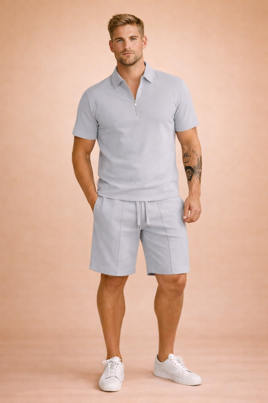 Logan | Set herr med pikétröja med dragkedja och shorts - bild 5