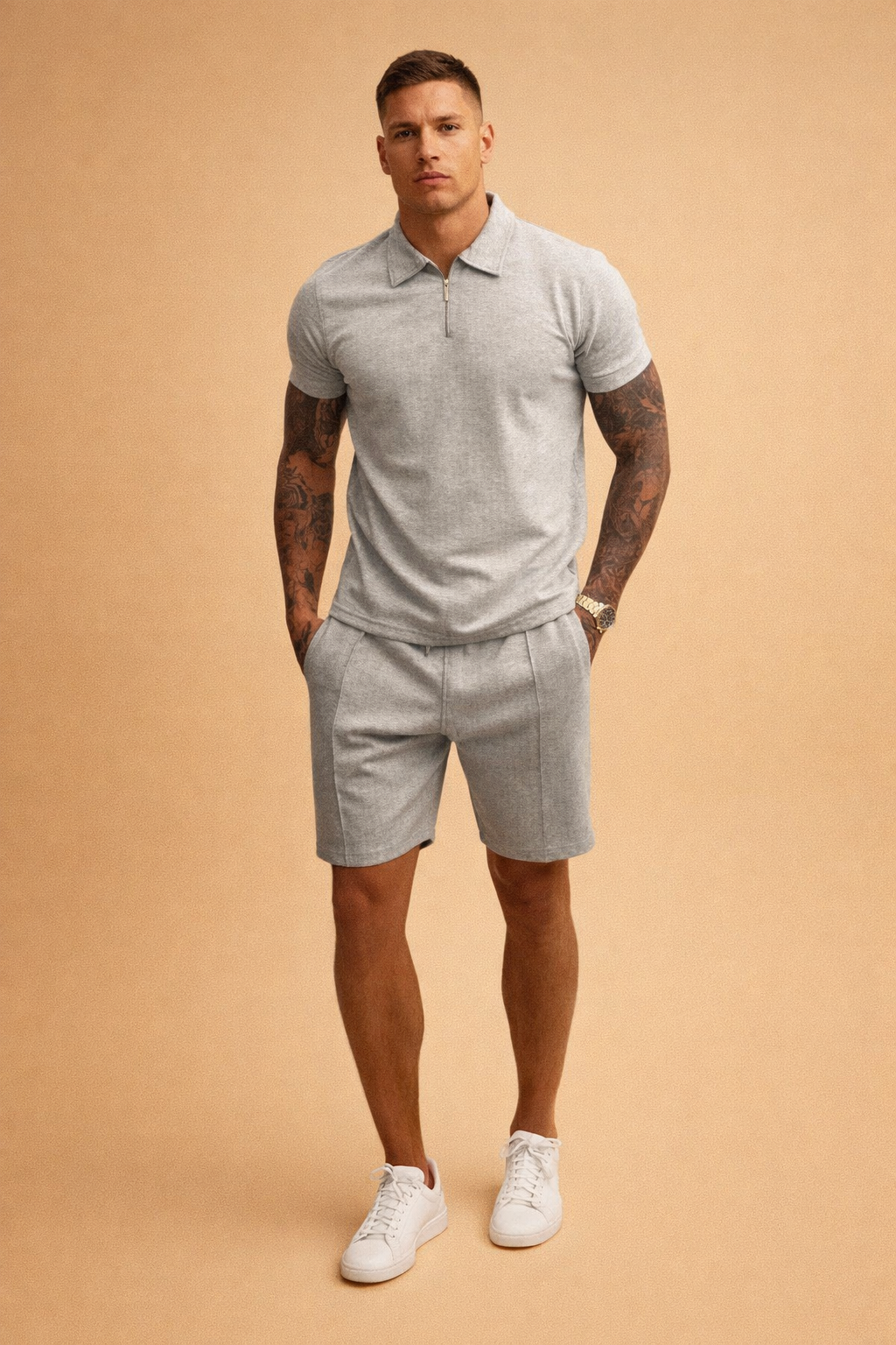 Logan | Set herr med pikétröja med dragkedja och shorts - Grå