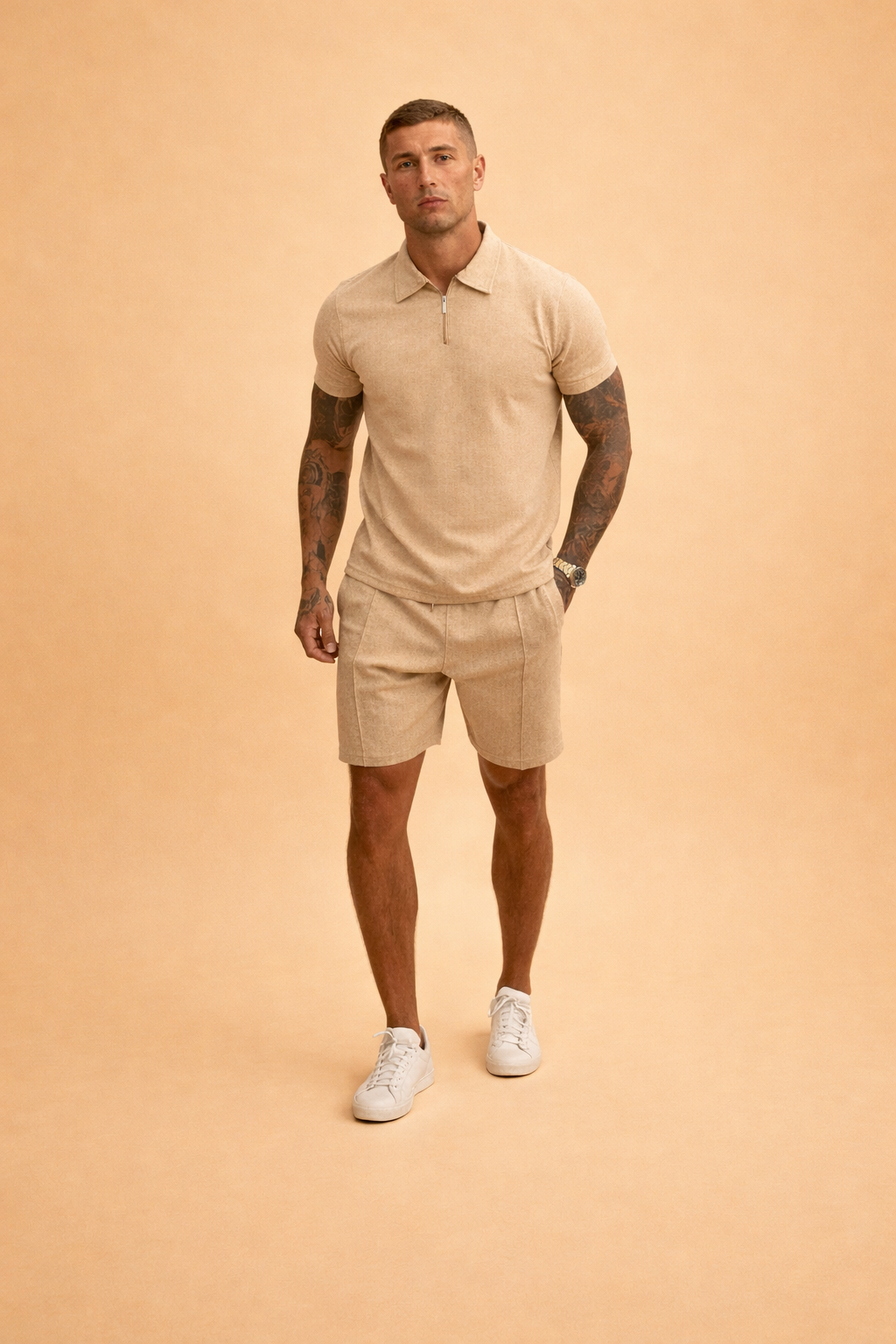 Logan | Set herr med pikétröja med dragkedja och shorts - Khaki