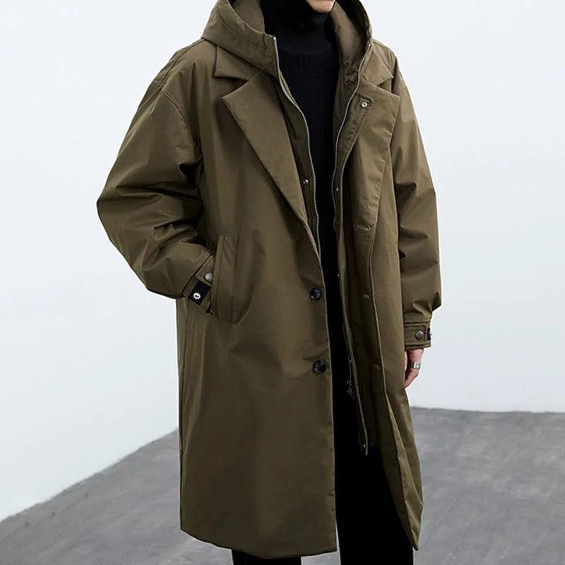 Olle | Lång trenchcoat med huva för herr - Armégrön