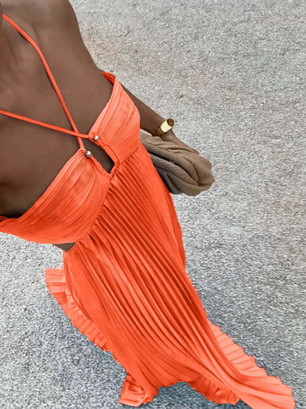 Sophie | Maxiklänning dam med halterneck och veckad kjol - Orange