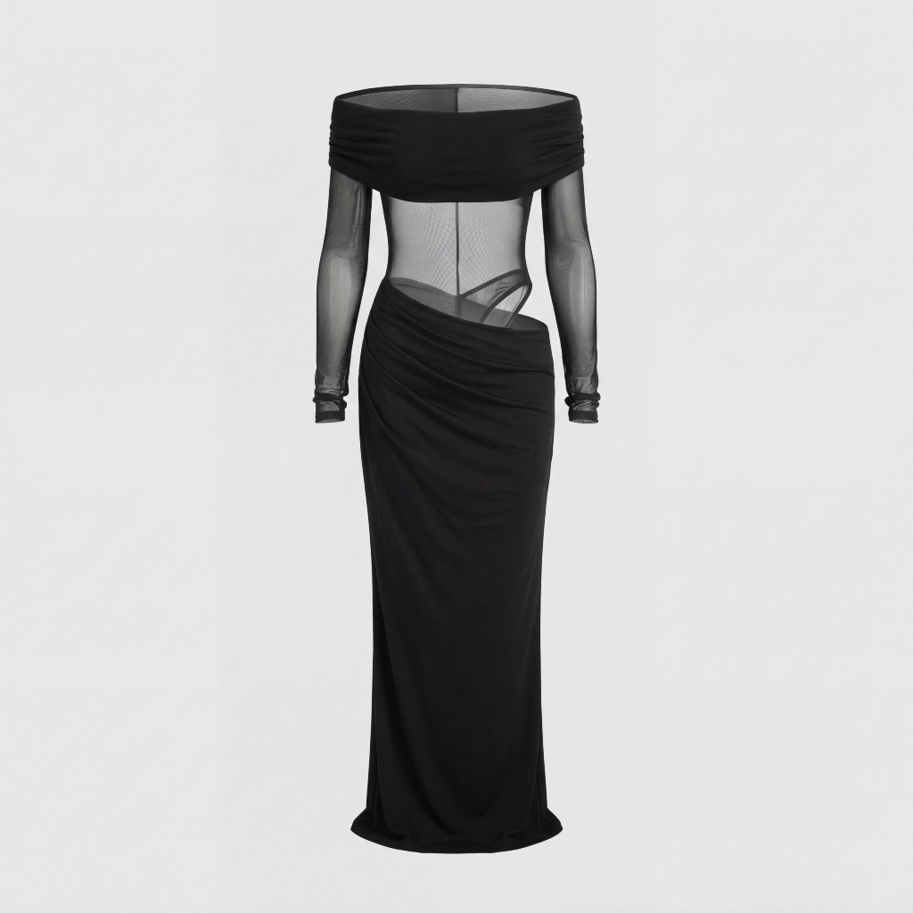 Tanzanix | Maxiklänning med off shoulder, mesh och långa ärmar