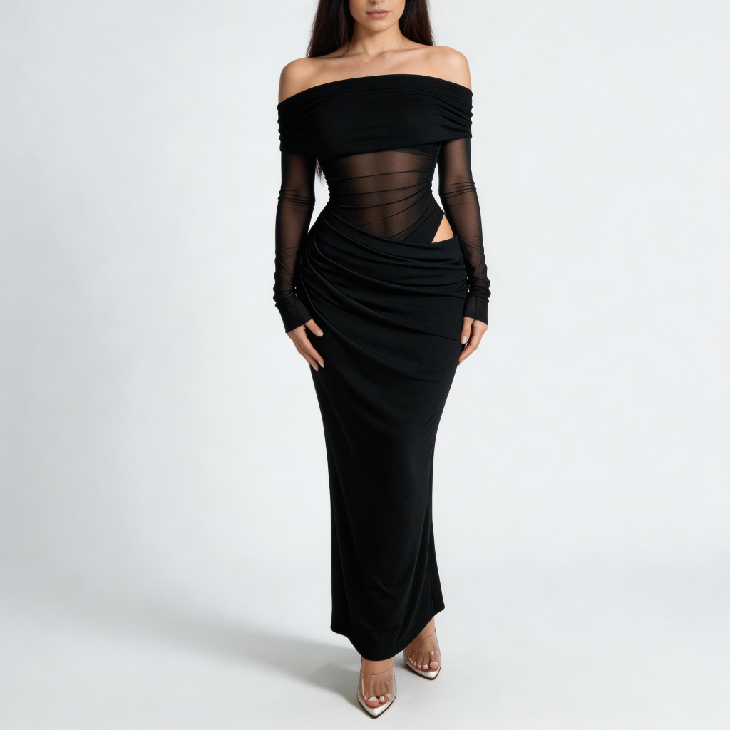 Tanzanix | Maxiklänning med off shoulder, mesh och långa ärmar