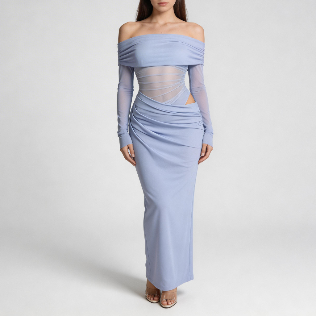 Tanzanix | Maxiklänning med off shoulder, mesh och långa ärmar