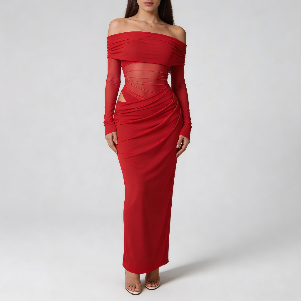 Tanzanix | Maxiklänning med off shoulder, mesh och långa ärmar