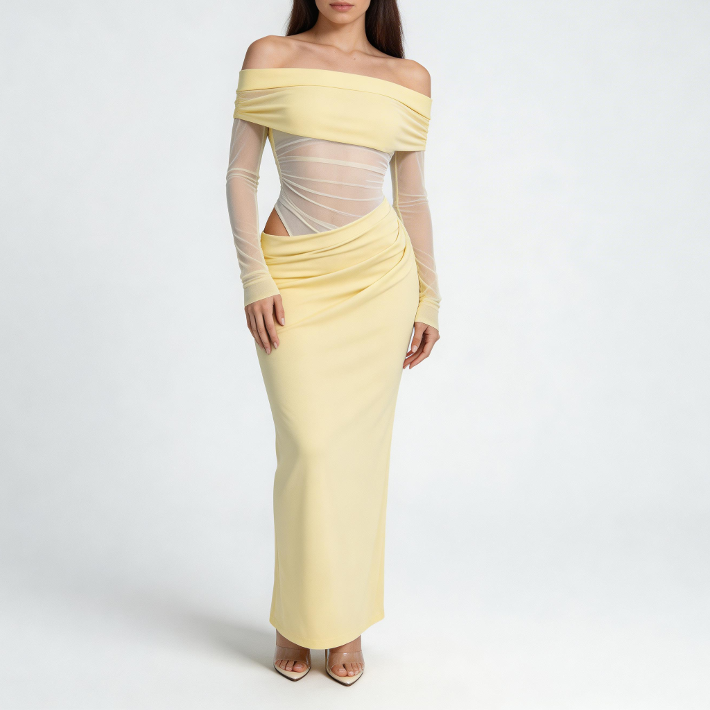 Tanzanix | Maxiklänning med off shoulder, mesh och långa ärmar