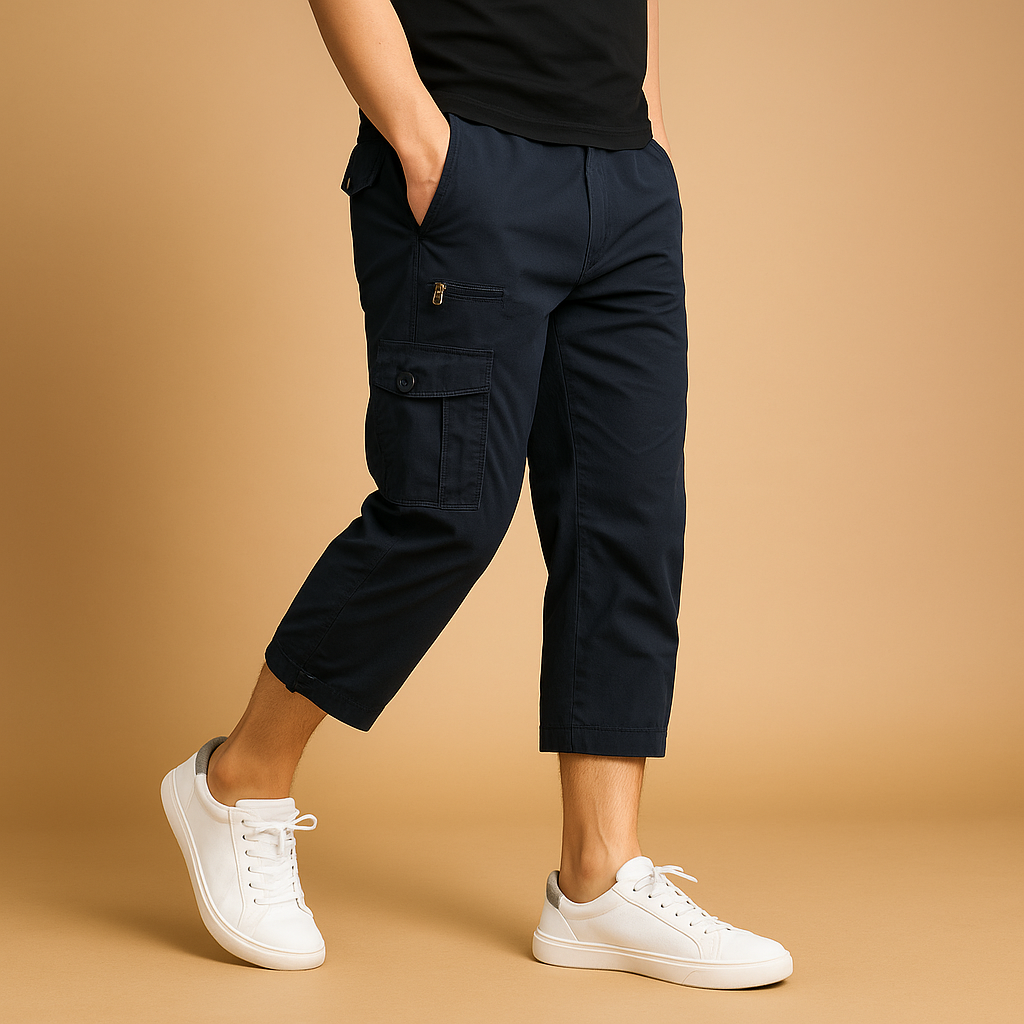Edward | Cargoshorts herr i bomull, lång modell - Marinblå