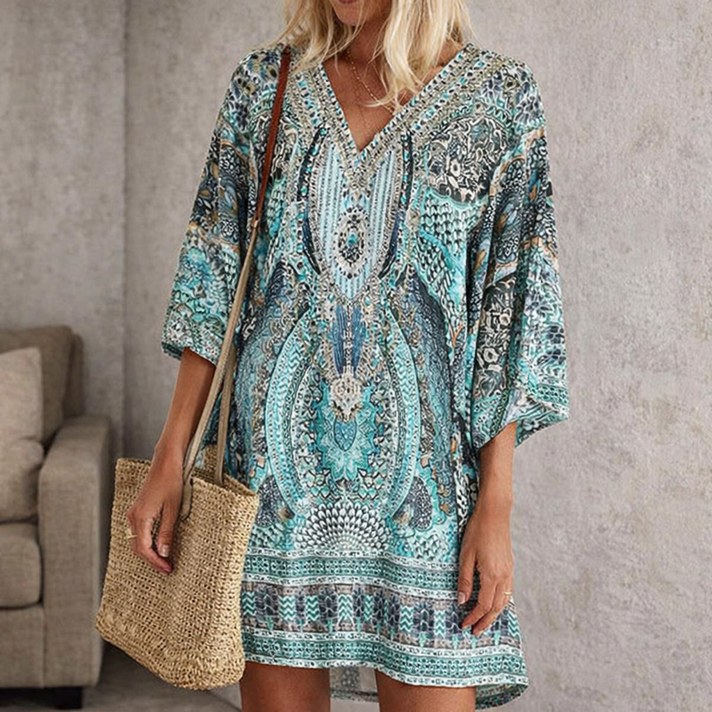 Harriet | Strandklänning dam i boho-stil med v-ringning - Blå
