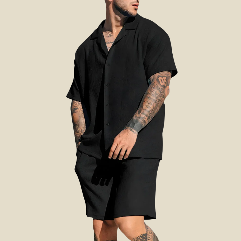 Kai | Set herr med skjorta med kubakrage och shorts - Svart