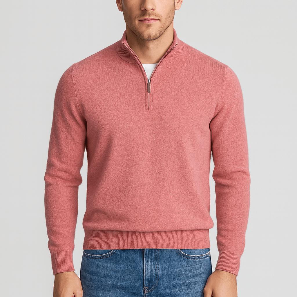 Kasper | Stickad halfzip-tröja i merinoull för herr - Rosa