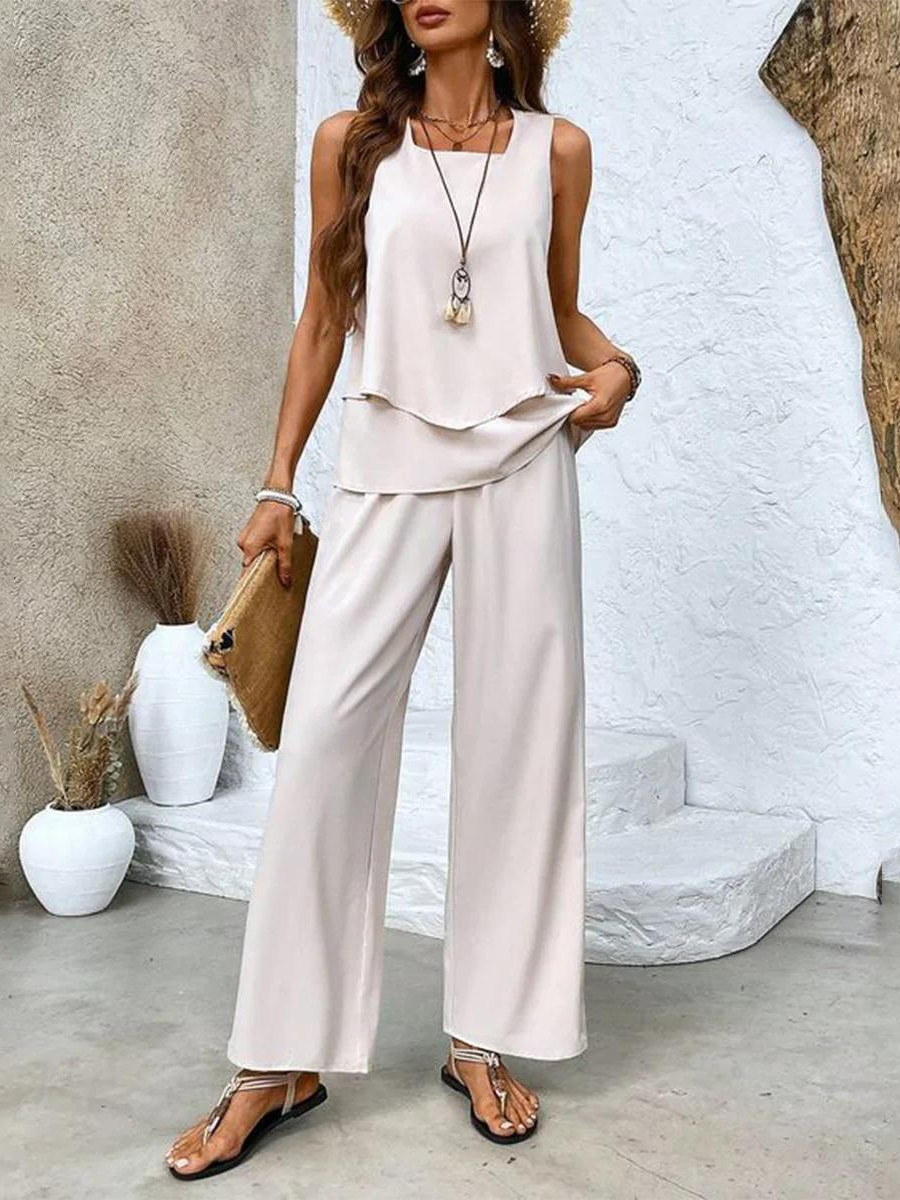 Lily | Set dam med topp i flera lager och vida byxor - Beige
