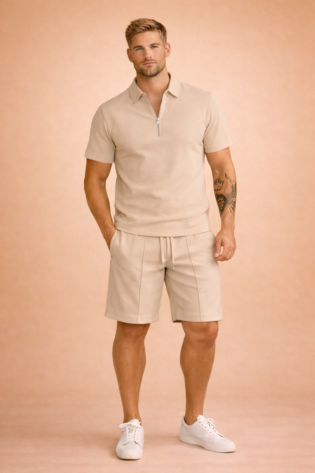 Logan | Set herr med pikétröja med dragkedja och shorts - bild 9