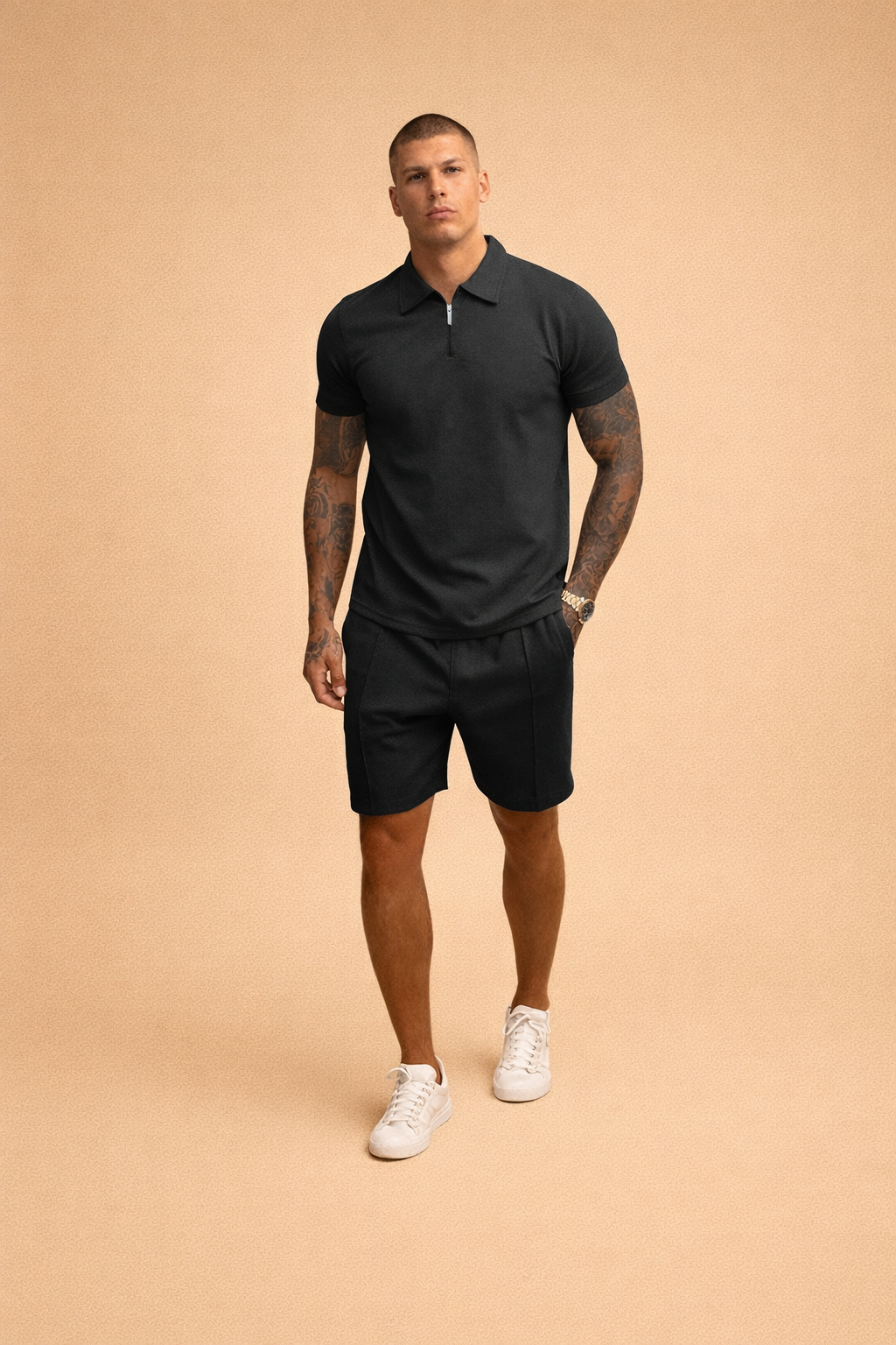 Logan | Set herr med pikétröja med dragkedja och shorts - Svart