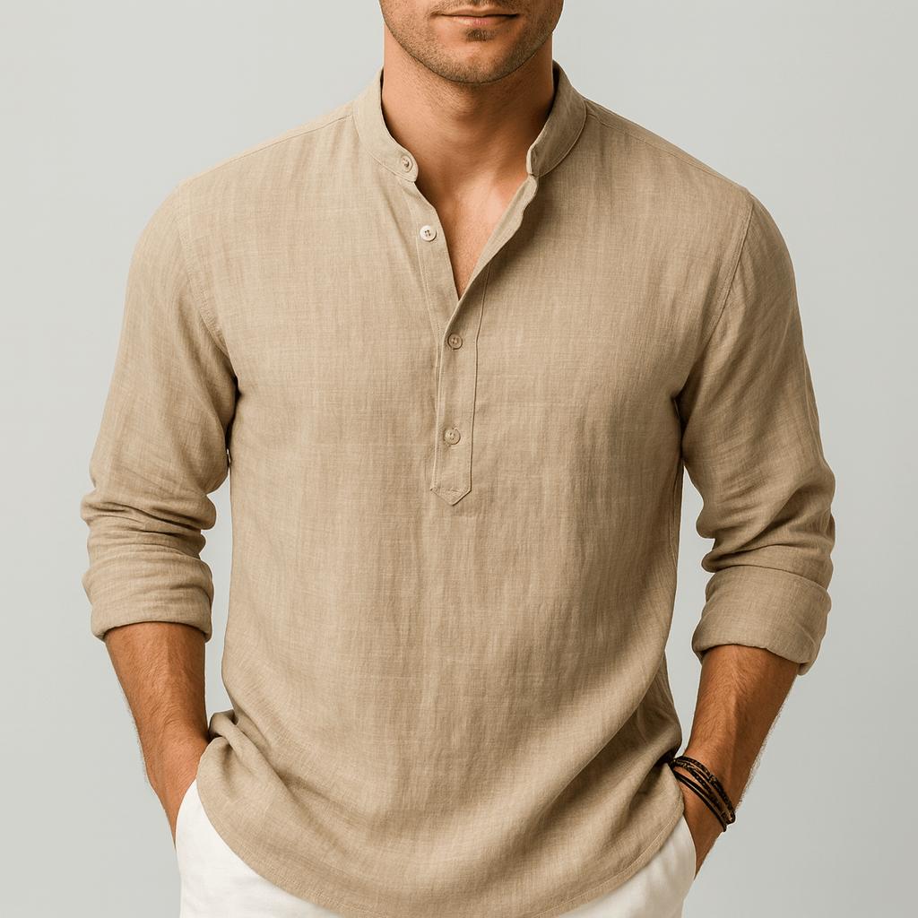 Luke | Linneskjorta herr med farfarskrage, avslappnad passform - Beige